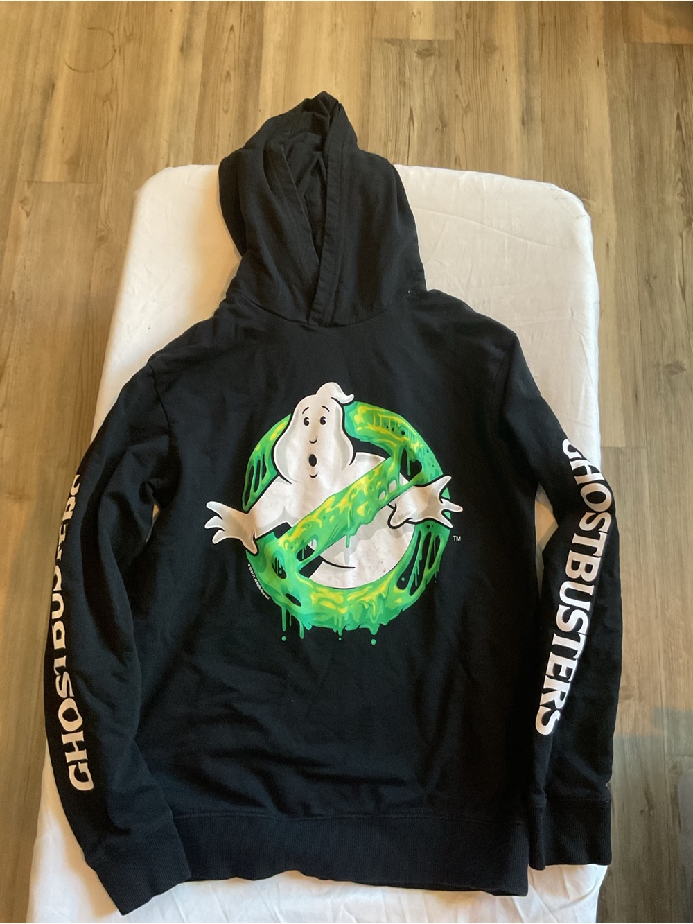 H&M Black Hoodie with Neon Green Ghostbusters Logo